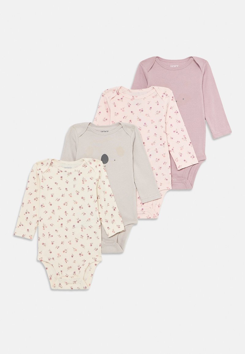 Vier langärmlige Babybodysuits in Pink, Grau mit Bärenkopf, hellrosa mit Blumenmuster und Creme mit kleinem Blumenmuster, übereinander angeordnet.