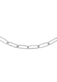 Catena in metallo argento con anelli ovali collegati, caratterizzata da una superficie liscia e una larghezza uniforme lungo tutta la sua lunghezza.