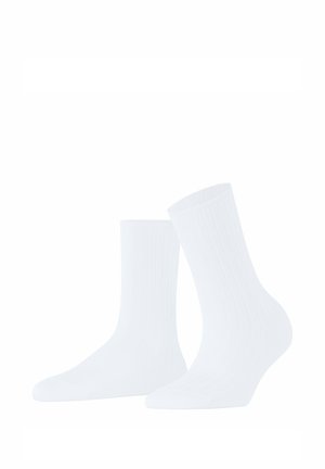 Weiße Baumwoll-Crew-Socken mit gerippter Textur und verstärkter Zehenpartie. Einfaches Design, geeignet für den Alltag. Zwei Paar abgebildet.