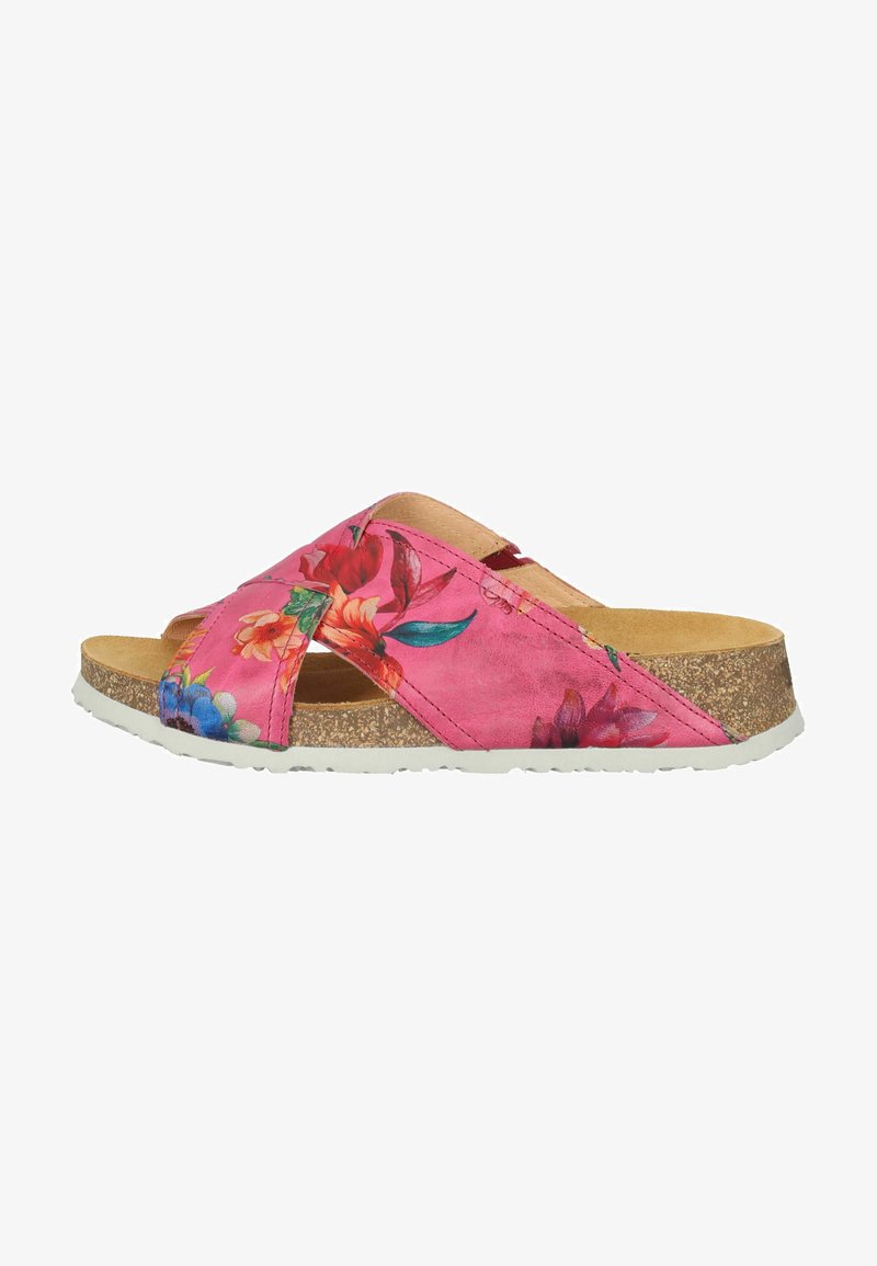 Pink floral slip-on sandals with crisscross straps, cork midsole, and white rubber outsole. Features vibrant botanical patterns on the upper.