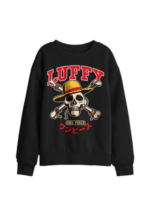 Black sweatshirt with a skull wearing a yellow hat over crossed bones and text reading "LUFFY" and "ONE PIECE" in English and Japanese.