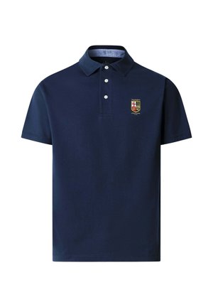 Navy blue short-sleeve polo shirt with a collar, three white buttons, and a small embroidered Hackett London emblem on the left chest.