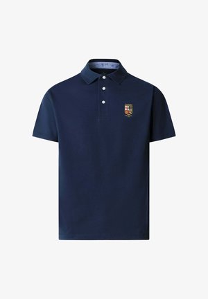 Navy blue short-sleeve polo shirt with a collar, three white buttons, and a small embroidered Hackett London emblem on the left chest.
