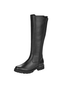 Bota de cuero negra hasta la rodilla con panel trasero texturizado, suela de goma y un sutil detalle de marca en el lateral. Acabado suave y ajuste cómodo.
