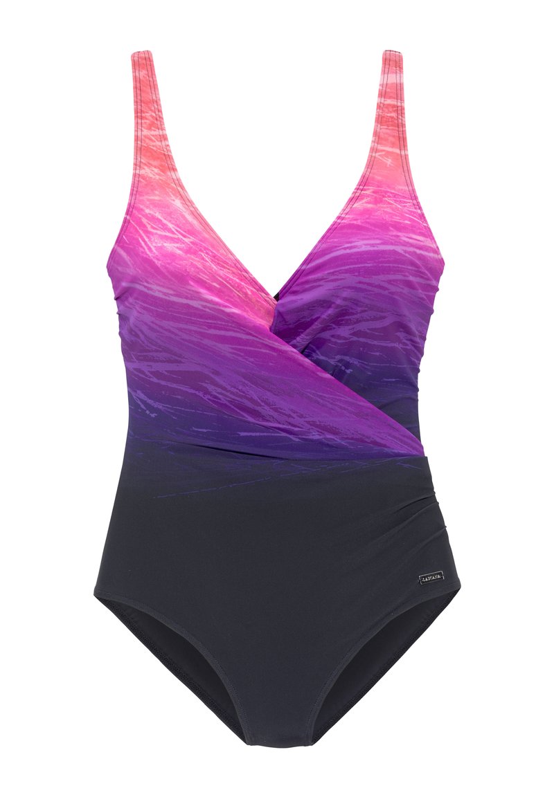 Costume da bagno intero con design a gradiente dal rosa al viola, con una parte inferiore nera. Realizzato in tessuto morbido con spalline regolabili.