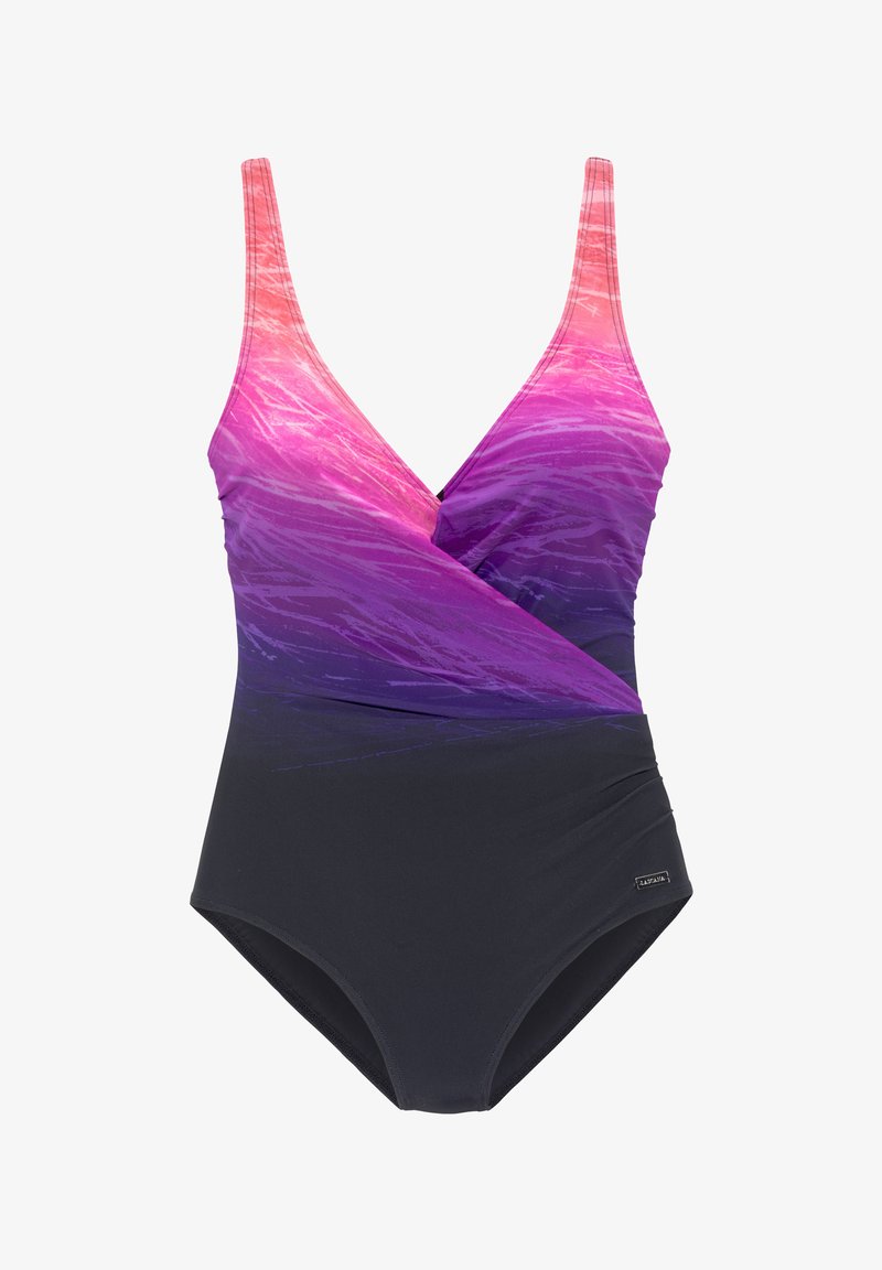 Costume da bagno intero con design a gradiente dal rosa al viola, con una parte inferiore nera. Realizzato in tessuto morbido con spalline regolabili.