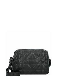 Borsa a tracolla nera in pelle con motivo trapuntato, forma rettangolare, chiusura con zip e tracolla removibile. Texture liscia, design compatto.