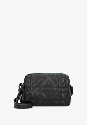 Borsa a tracolla nera in pelle con motivo trapuntato, forma rettangolare, chiusura con zip e tracolla removibile. Texture liscia, design compatto.