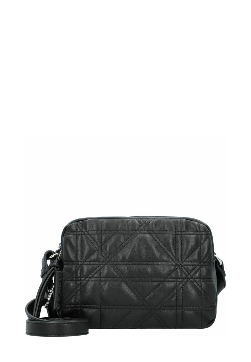 Borsa a tracolla nera in pelle con motivo trapuntato, forma rettangolare, chiusura con zip e tracolla removibile. Texture liscia, design compatto.