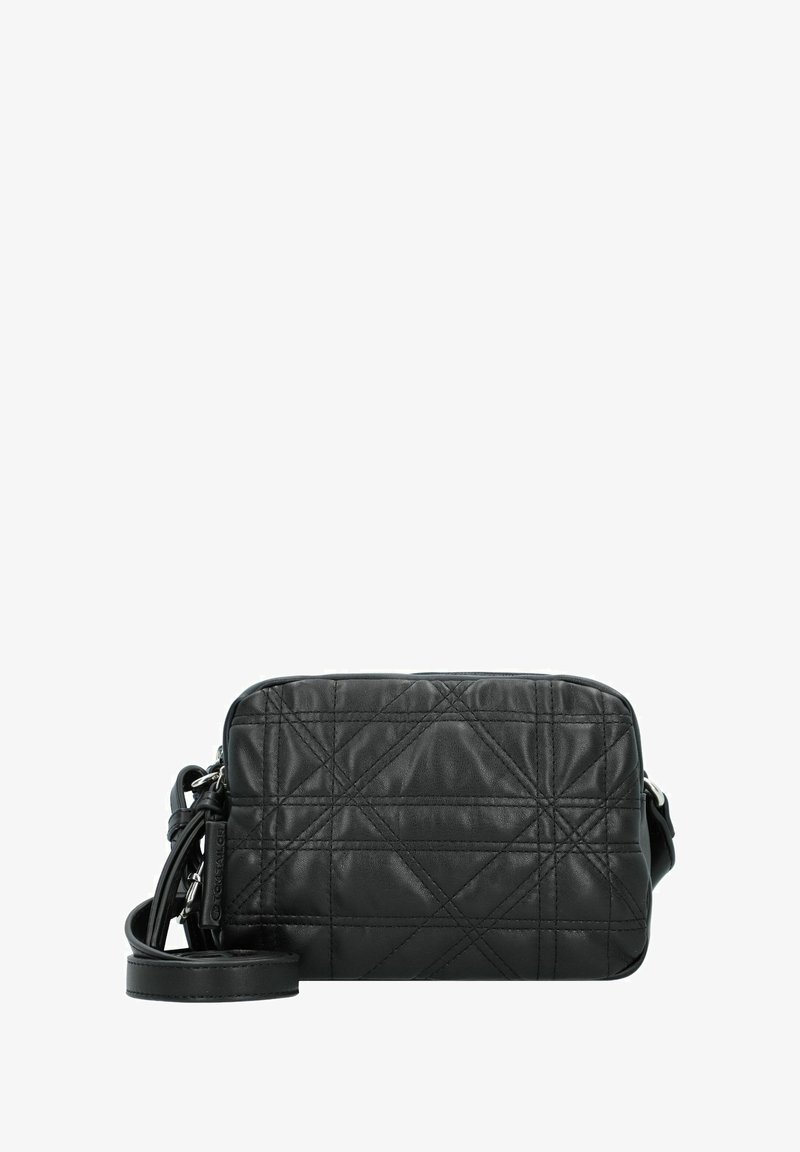 Schwarze Leder-Umhängetasche mit gestepptem Muster, rechteckiger Form, Reißverschlussverschluss und abnehmbarem Tragegurt. Glatte Textur, kompaktes Design.