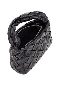 Woven black leather bag with a rounded, structured shape. Features a zip closure, smooth interior lining, and thick braided handles.
