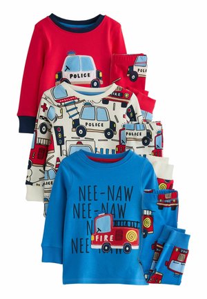 Set of children's pajamas featuring police cars and fire trucks. Colors: red, blue, and white with graphic prints, long sleeves, and elastic cuffs.