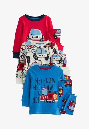 Set dječjih pidžama s motivima policijskih automobila i vatrogasnih kamiona. Boje: crvena, plava i bijela s grafičkim uzorcima, dugih rukava i elastičnim manžetama.