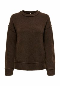 Maglione lavorato a maglia marrone con collo rotondo, spalle scese e polsini e orlo a costine. Texture morbida e silhouette rilassata.