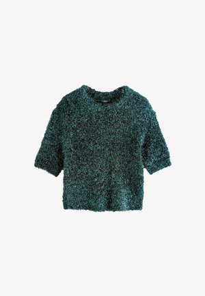 Kurzärmliger Pullover in Türkis mit einer weichen, flauschigen Textur. Verfügt über einen Rundhalsausschnitt und eine lockere Passform. Etikett innen sichtbar.