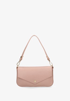 Roze leren handtas met een gladde textuur, voorzien van een klepdesign, gouden beslag en een afneembare draagriem.