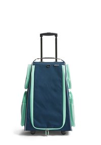 Rollkoffer mit einem dunkelblauen Stoffbezug, mintgrünen Reißverschlussakzenten und mehreren Seitentaschen. Mit ausziehbarem Griff und glatten Rollen.