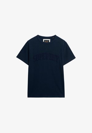 Navy blue cotton T-shirt featuring short sleeves, a crew neck, and "SUPERDRY" embroidered across the front in a slightly darker shade.