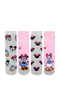 Quattro paia di calzini a tema: rosa con Minnie Mouse, grigi con le facce di Minnie e Mickey, grigi con silhouette di topi nere e rosa con Paperina.