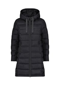 Zwarte pufferjack met een capuchon, voorzien van een ritssluiting aan de voorkant, elastische trekkoorden en twee zijzakken met rits. Getextureerd gewatteerd patroon.