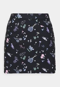 Svart kjol med ett färgglatt, lekfullt sporttemat tryck. Har olika ikoner som racketar, cyklar och blommor. Lättviktsmaterial.