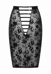 Czarna spódnica ołówkowa we wzory kwiatowe, wykonana z przezroczystego materiału, z pionowymi paskami w talii oraz dekoltem w kształcie litery V.