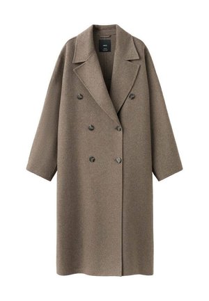 Brown wool double-breasted coat with a wide lapel, dropped shoulders, and two large buttons. Smooth texture and oversized fit.
