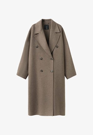 Brown wool double-breasted coat with a wide lapel, dropped shoulders, and two large buttons. Smooth texture and oversized fit.