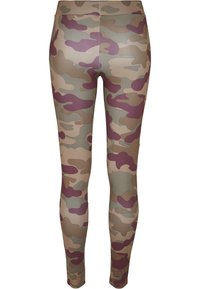 Camo print leggings in shades of green, brown, and purple. Made of stretchy fabric with a fitted design and a smooth texture.