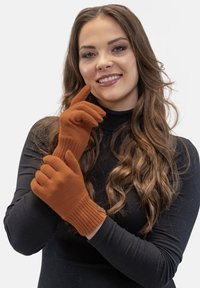 Guanti lavorati a maglia marroni con polsini a coste, progettati per il calore. I guanti si adattano perfettamente, con un'etichetta decorativa al polso.