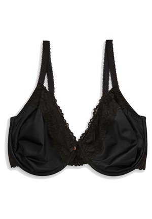 Soutien-gorge noir avec dentelle, dotée de bonnets en satin, présentant des bretelles réglables et un accent décoratif en faux bijou au centre.
