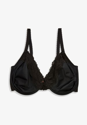 Soutien-gorge noir avec dentelle, dotée de bonnets en satin, présentant des bretelles réglables et un accent décoratif en faux bijou au centre.