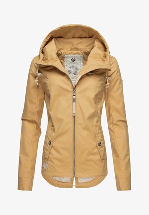 Veste à capuche marron clair avec fermeture éclair frontale, cordons de serrage, poches latérales avec boutons en forme d'ancre, et doublure intérieure florale.