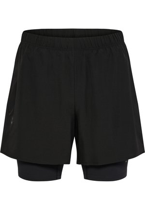 Sorte sportsshorts med elastisk talje og dobbeltlag-design, med tætsiddende indershorts under et løst yderlag.
