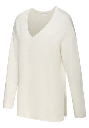 Cremfarbener langärmliger Pullover mit V-Ausschnitt, leicht lockerer Passform und Seitenschlitzen am Saum.