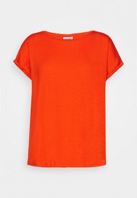 T-shirt à manches courtes de couleur orange vif, fabriqué en tissu léger. Présente une coupe décontractée et des manches retroussées pour un look casual.