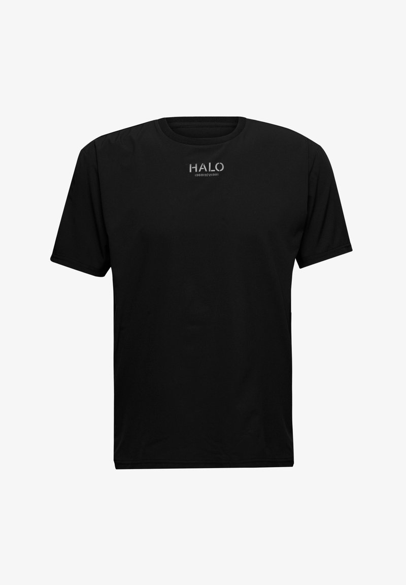 Schwarzes Kurzarm-T-Shirt aus glattem Stoff. Mit Rundhalsausschnitt und einem dezenten weißen Logo auf der Vorderseite. Lockere Passform mit geradem Saum.