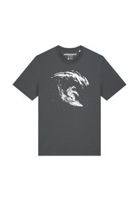 Donkergrijs katoenen T-shirt met een witte afbeelding van een astronaut die op een golf surft, met steraccenten en een ronde halslijn.