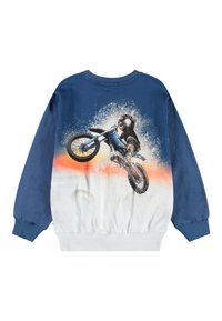 Kék és fehér pulóver, motocross versenyző grafikával, hosszú ujjakkal és bordázott mandzsettával. Puha pamut anyag.
