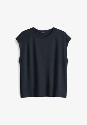 Dunkelblaues, kurzärmliges Oberteil aus weichem, strukturiertem Stoff. Mit Rundhalsausschnitt und einer lockeren Passform sowie Details an der Schulternaht.