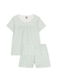 Korte mouwen pyjamapak in lichtgroen met bloempatroon. Gemaakt van zachte stof, met een ronde halslijn en bijpassende shorts.
