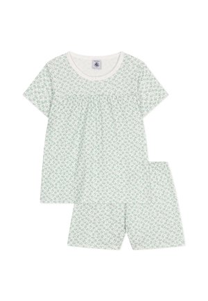 Set di pigiama a maniche corte in verde chiaro con motivo floreale. Realizzato in tessuto morbido, con scollo rotondo e pantaloni delle shorts coordinati.