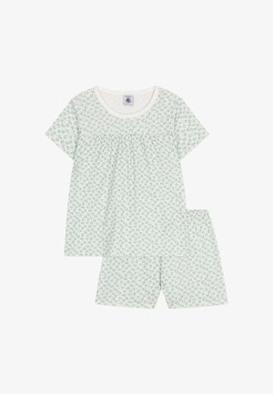 Kurzärmeliges Pyjama-Set in Hellgrün mit floralem Muster. Aus weichem Stoff gefertigt, mit einem runden Halsausschnitt und passenden Shorts.
