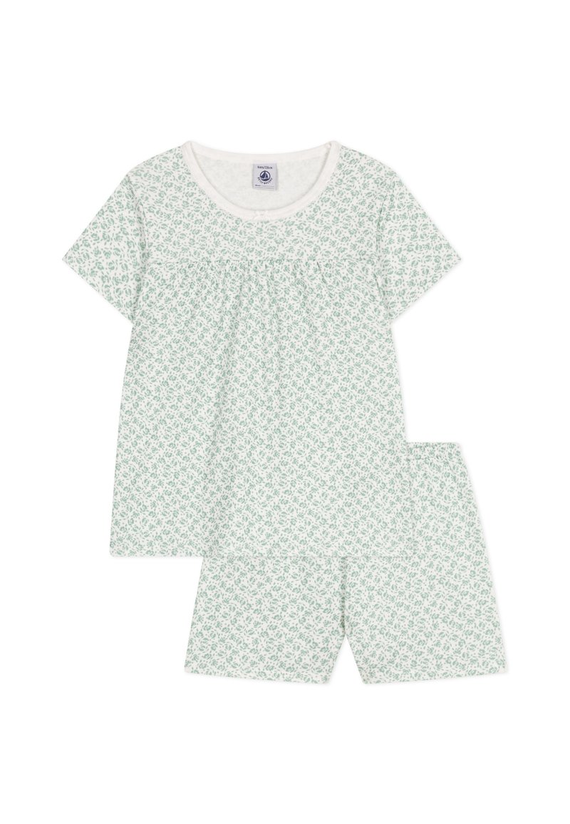 Korte mouwen pyjamapak in lichtgroen met bloempatroon. Gemaakt van zachte stof, met een ronde halslijn en bijpassende shorts.