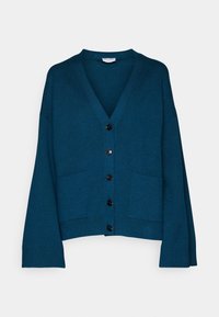 Cardigan teal blu con bottoni, maniche lunghe, scollo a V, due tasche frontali e vestibilità comoda su sfondo bianco.