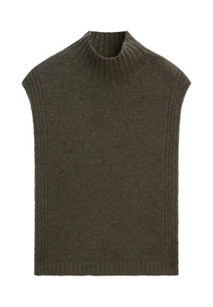 Dunkelgrüner, ärmelloser Rollkragenpullover aus weichem Strickmaterial. Verfügt über Rippdetails am Kragen und an den Seiten.