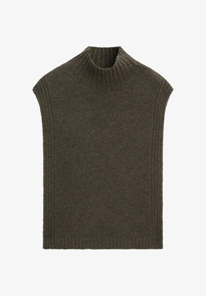Pull en col roulé sans manches de couleur vert foncé, fabriqué en matière tricotée douce. Il présente des détails côtelés le long de l'encolure et des côtés.