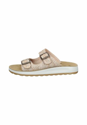 Sandalo beige con punta aperta, due cinturini regolabili con fibbia e suola imbottita sagomata con intersuola bianca e suola esterna scanalata.