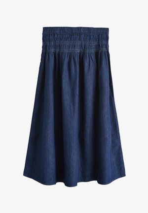 Jupe en denim bleu foncé avec taille élastique smockée, longueur au genou, et silhouette légèrement évasée.
