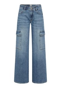 Weite Cargo-Jeans aus hellblauem Denim. Mit zwei großen Seitentaschen, einem Knopfverschluss und einem Bund mit Gürtelschlaufen.